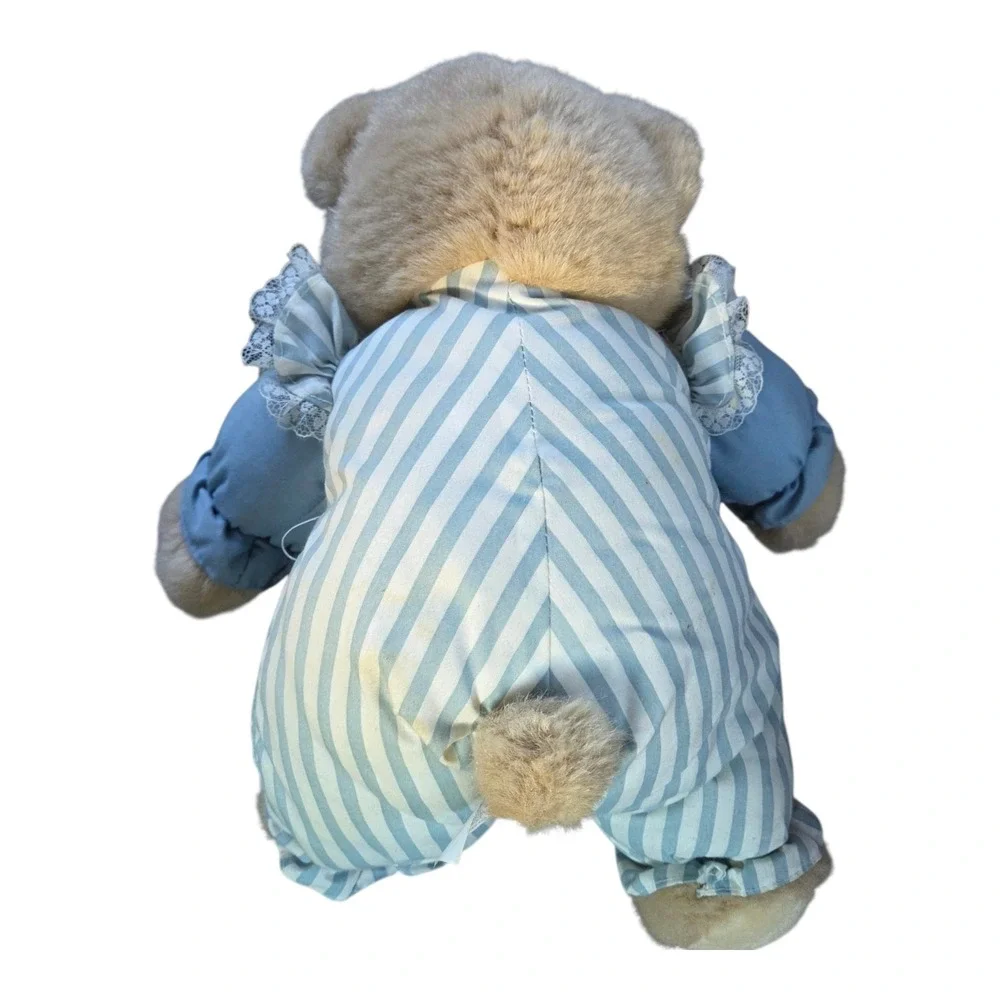 VTG Cuddle Wit Teddy Bear Plush Toy Blue Striped Romper Lace Collar Stuffed Rare